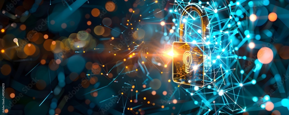 Poster digital security and network concept with glowing lock.