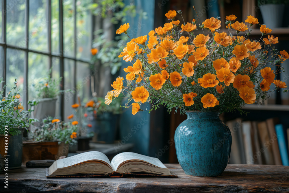 Poster warm and inviting scene of a cozy study with an open book and a bouquet of wildflowers in a rustic v