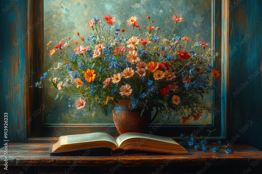Poster Warm and inviting scene of a cozy study with an open book and a bouquet of wildflowers in a rustic vase,