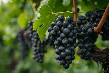 Bunch of grapes hanging from vine in vineyard during harvest season