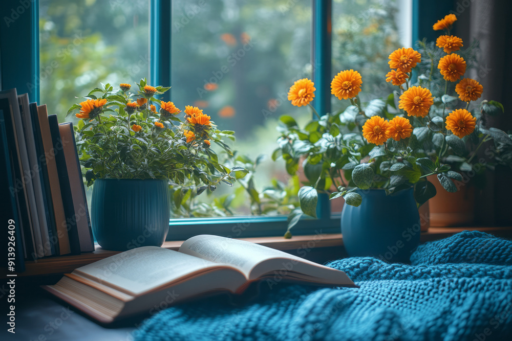 Poster modern design of a cozy study, with an open book and a pot of colorful flowers on the side,