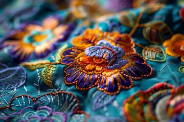 A mesmerizing close-up of ornate embroidery, showcasing intricate designs and patterns with no visible shadows. The level of detail is stunning, with every thread and stitch visible.