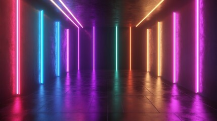Futuristic 3D rendering of a room with black walls and multicolored neon lights.