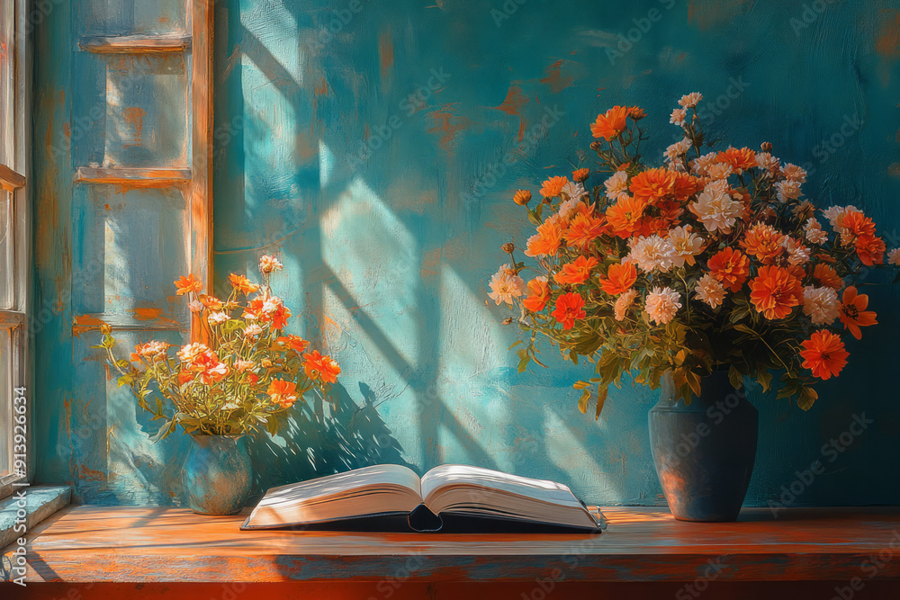 Poster abstract representation of a study nook, with an open book and flowers in vibrant, expressive stroke