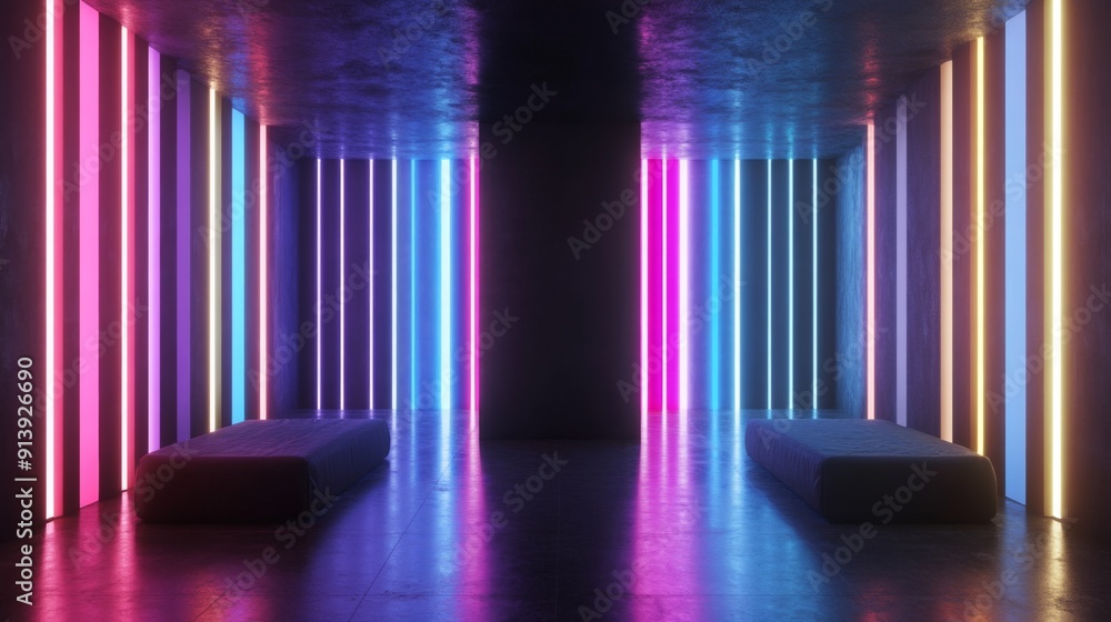 Poster Futuristic 3D rendering of a room with black walls and multicolored neon lights.