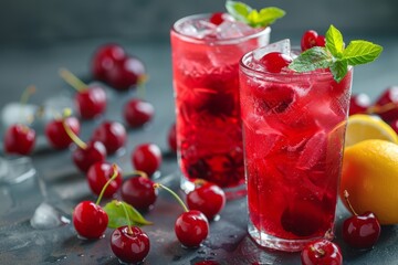 Two glasses with refreshing ice cold cherry lemonade decorated with mint and lemon