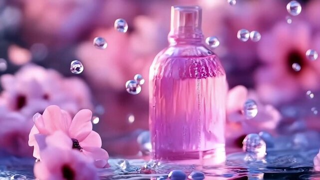 Transparent empty glass bottle with head pump on pastel pink gradient modern background, bubbles. Front view, blank clean cosmetic beauty product packaging, copyspace for text, advertising mock up 