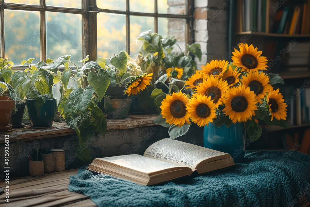 Poster Artistic rendering of a cozy study, with an open book and a bouquet of sunflowers adding a cheerful touch,