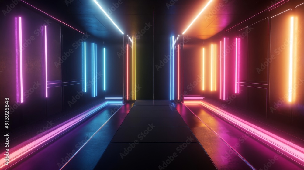 Poster Futuristic 3D rendering of a room with black walls and multicolored neon lights.