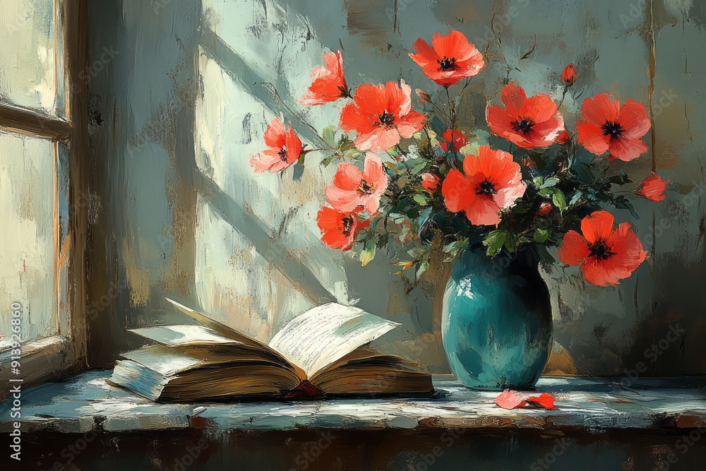 Poster abstract representation of a study nook, with an open book and flowers in vibrant, expressive stroke