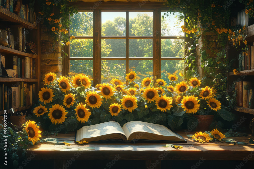 Poster Artistic rendering of a cozy study, with an open book and a bouquet of sunflowers adding a cheerful touch,