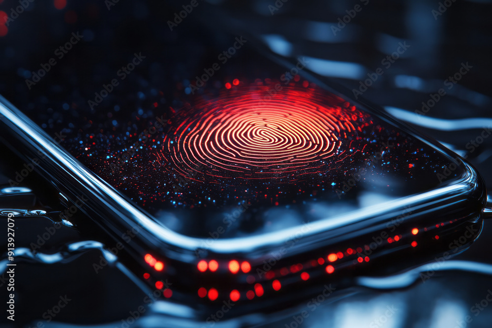 Poster minimalist design featuring a digital fingerprint scanner, symbolizing advanced identity protection,