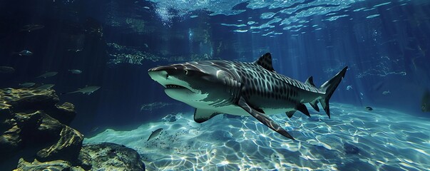 Fototapeta premium Majestic tiger shark gliding through the depths, 4K hyperrealistic photo