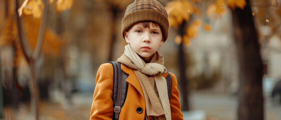 A young boy in a mustard yellow coat and hat, accessorized with a scarf, looks solemnly into the distance on a crisp autumn day.