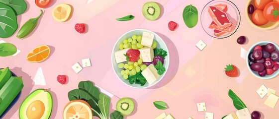 A vibrant assortment of fresh fruits and vegetables arranged neatly on a pink background, creating a colorful and appetizing display of healthy ingredients.