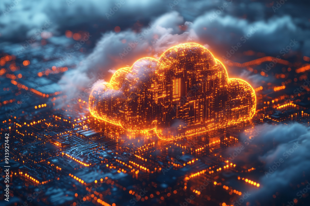 Poster futuristic scene of a cloud-based antivirus solution scanning and securing multiple devices simultan