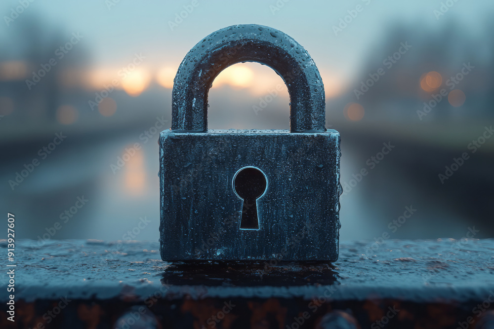 Poster minimalist design featuring an encrypted lock icon, symbolizing secure data transmission,