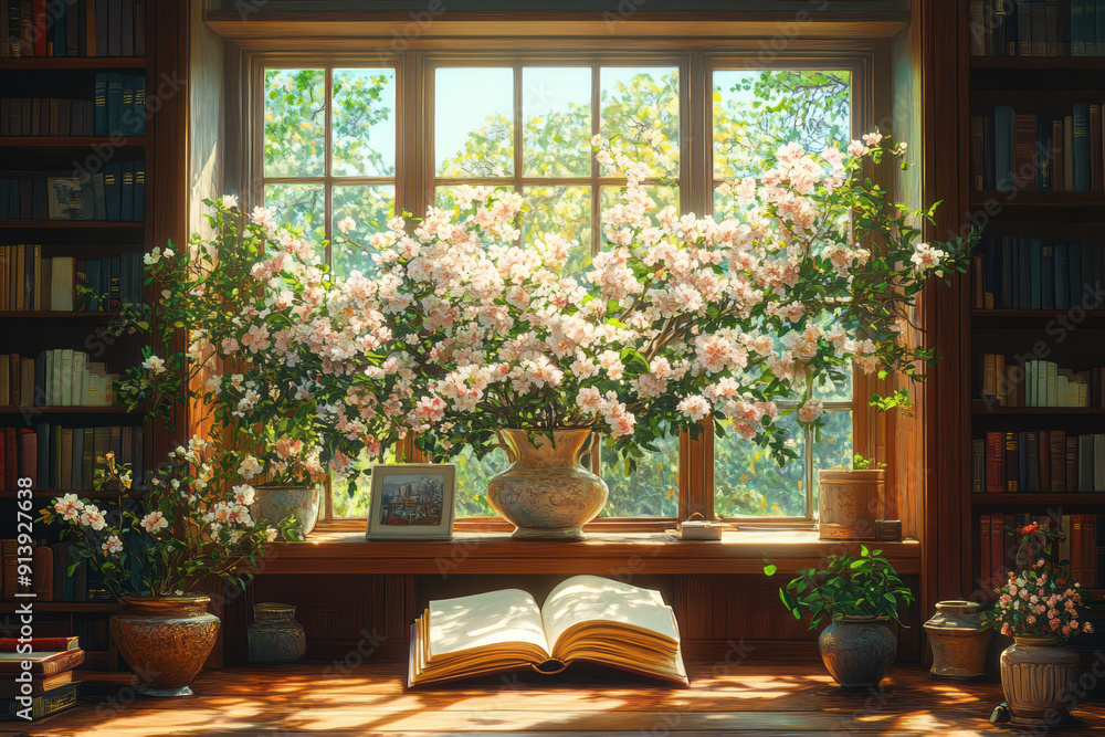 Poster elegant illustration of a study space, with an open book and a vase of delicate flowers creating a s