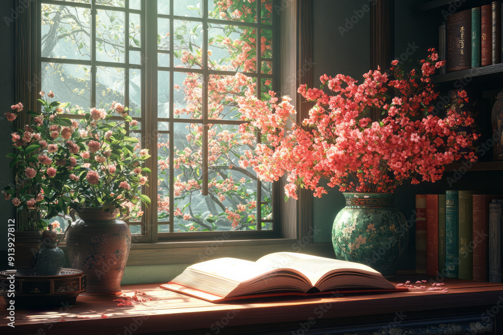 Poster elegant illustration of a study space, with an open book and a vase of delicate flowers creating a s