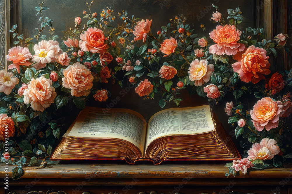 Poster abstract art of a cozy study, with an open book and flowers blending into the background, creating a