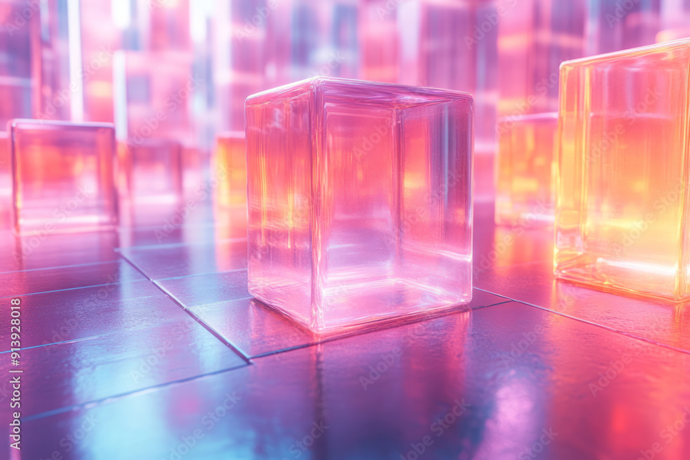 Aufkleber futuristic arrangement of neon-colored 3d cubes floating above a smooth, reflective surface,