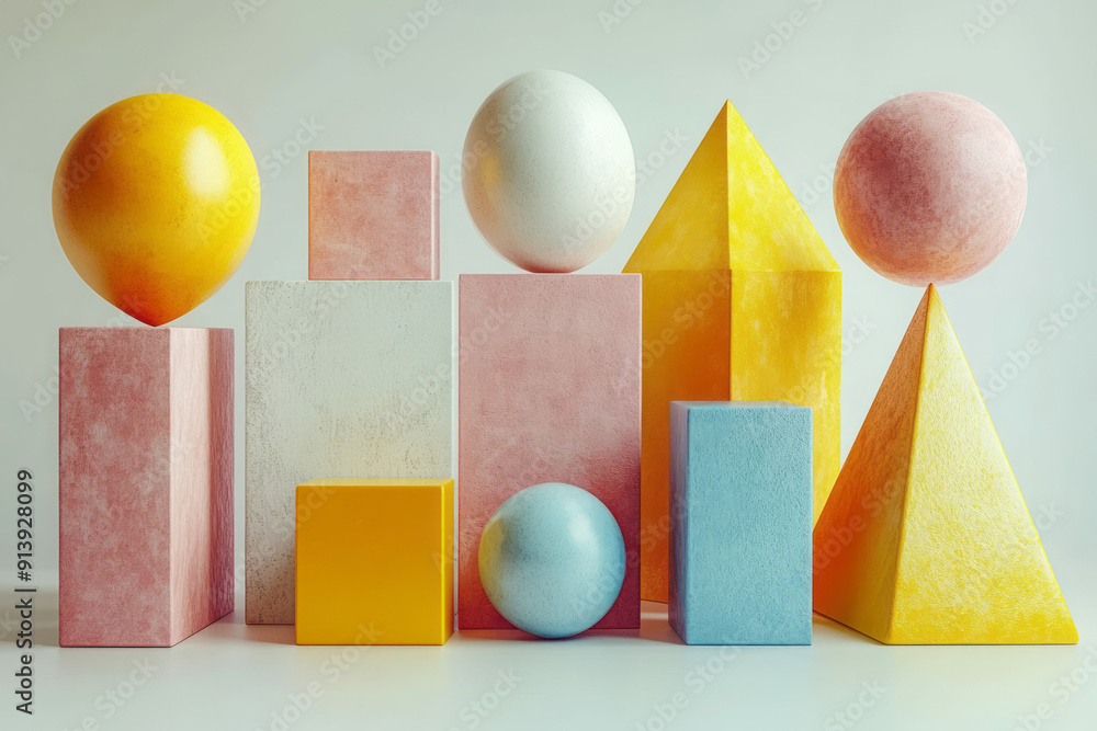 Poster artistic composition of bright 3d geometric shapes arranged on a plain white background,