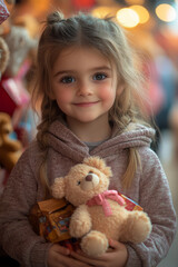 Fototapeta premium Artistic rendering of a child receiving a new toy from a charity drive, with a warm and hopeful smile,