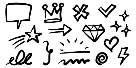 Bold brush Hand drawn doodle style collection of heart, scribble, star, check mark, spirals, sparkles, leaves, lightning, and emphasis element. use for concept design.