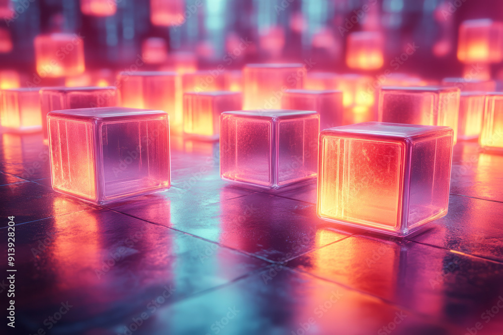 Poster futuristic arrangement of neon-colored 3d cubes floating above a smooth, reflective surface,