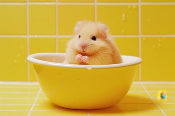 A hamster is sitting in a yellow bowl