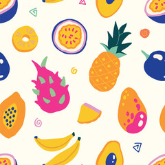 Exotic flowers leaves and fruits hand drawn cute simple jungle illustration collection Modern simple abstract background seamless pattern Wrapping paper wallpaper fabric