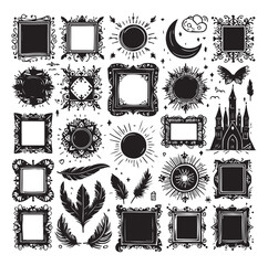 Hand drawn frames with wavy lines, silhouettes Vector illustration design.