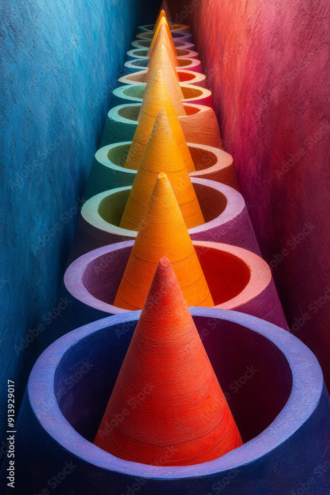 Leinwandbilder whimsical scene with multicolored 3d cones arranged in a spiral pattern on a neutral background,