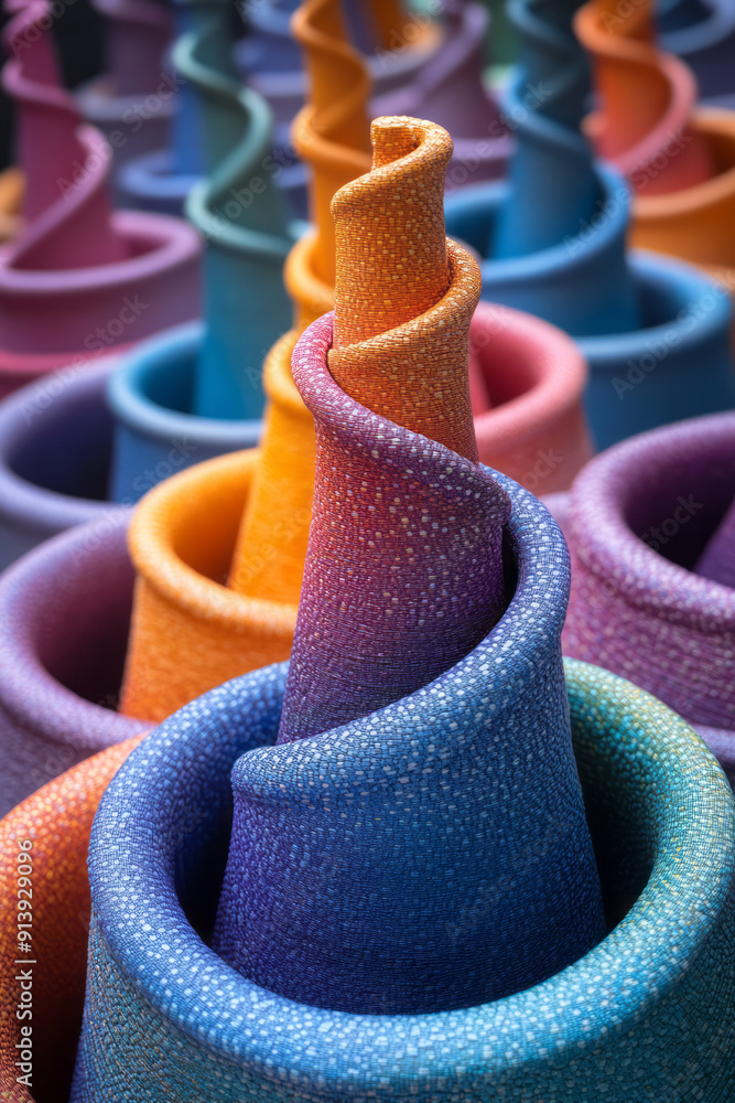 Leinwandbilder whimsical scene with multicolored 3d cones arranged in a spiral pattern on a neutral background,