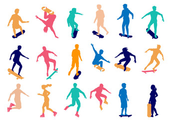 Skate rollers and skateboarders colorful silhouette in motion set. Young active man and woman athlete skating enjoying extreme sports leisure and practice vector illustration isolated on white