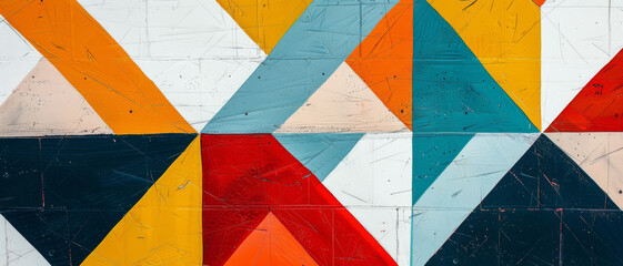 Fototapeta premium A vibrant geometric mural with sharp triangles in bold shades of orange, yellow, blue, and red, creating a striking and dynamic pattern.