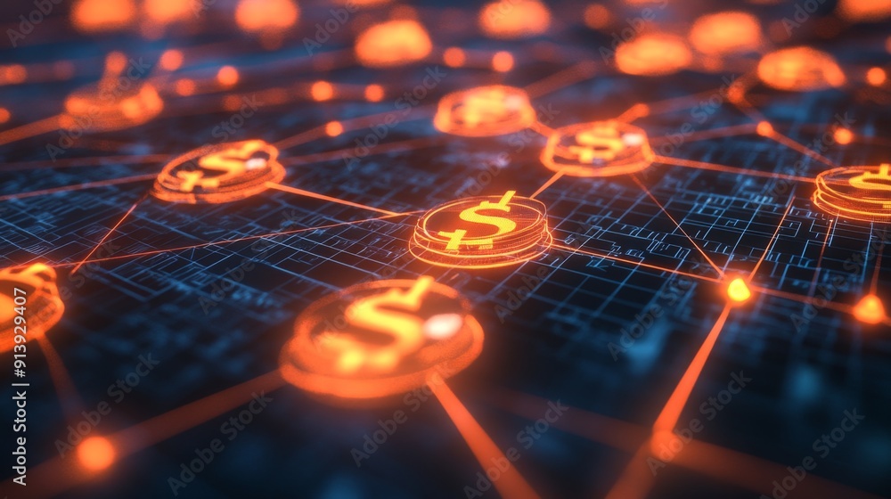 Poster glowing 3d financial network with interconnected dollar and euro symbols, creating a vibrant web.