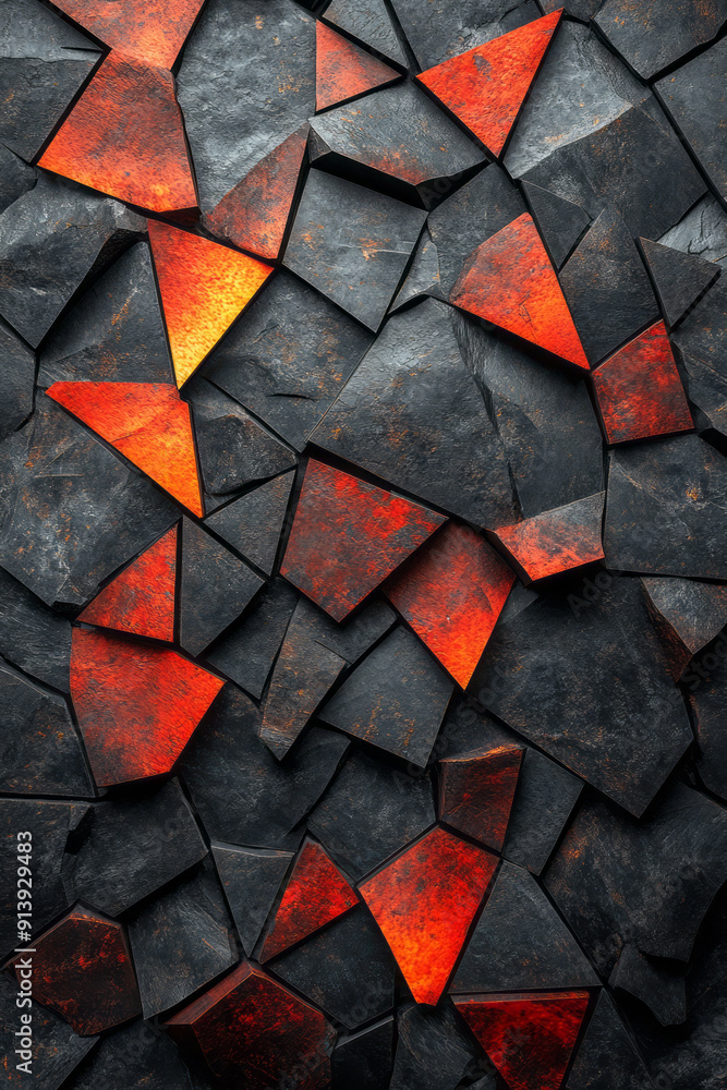 Aufkleber minimalist design with bright 3d triangles forming a mosaic on a plain black background,
