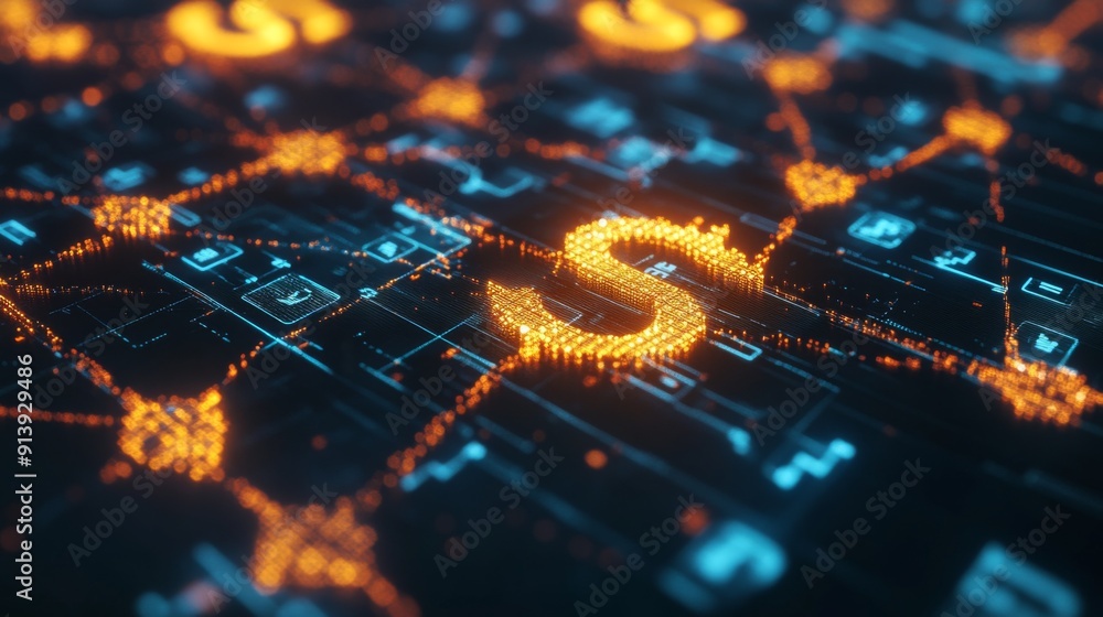 Poster glowing 3d financial network with interconnected dollar and euro symbols, creating a vibrant web.
