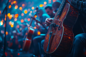 Abstract portrayal of a charity concert, with musicians playing to raise funds for a cause,