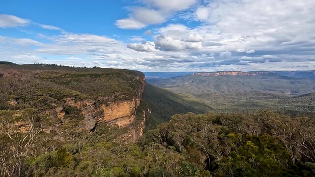 Landscape Nature Blue Mountains National Park of Katoomba , New South Wales, Australia, on the north escarpment of the Jamison Valley - Stable Footage Nature Track in National Park Travel Sydney 