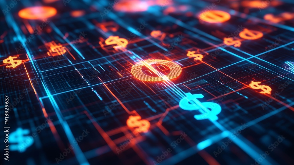 Poster glowing 3d financial network with interconnected dollar and euro symbols, creating a vibrant web.