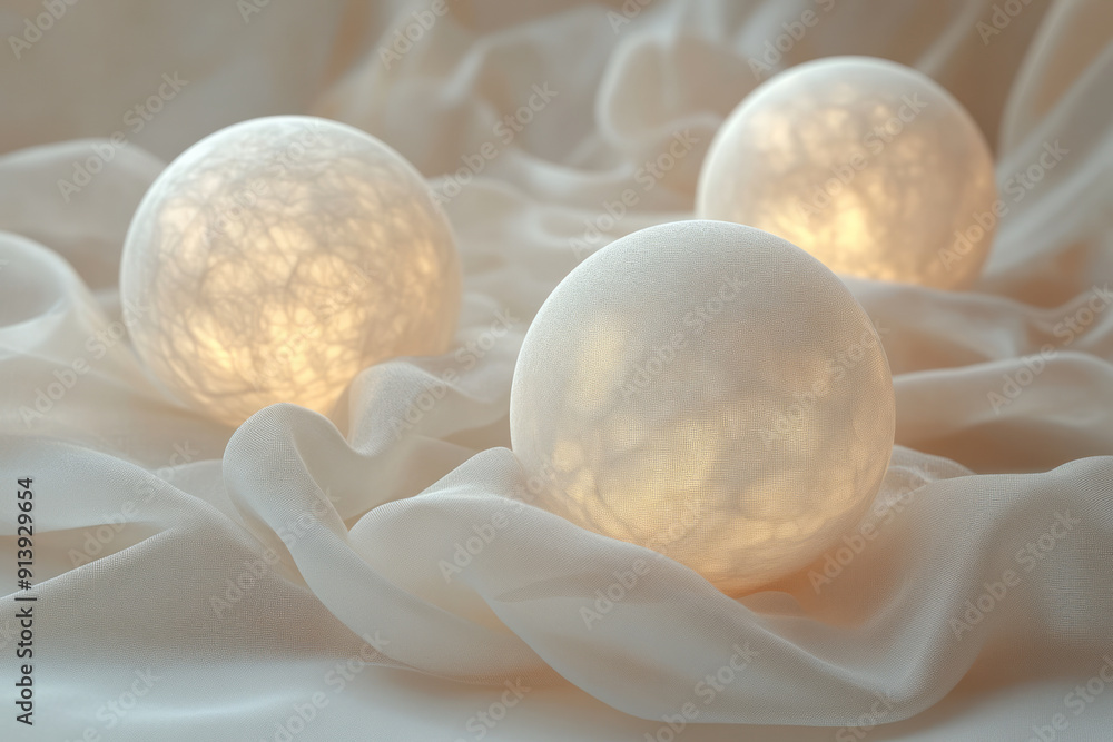 Poster ethereal arrangement of luminous 3d orbs floating above a simple, textured fabric background,