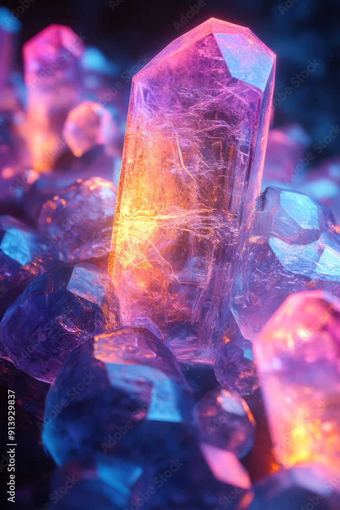 Poster realistic image of neon 3d polygons clustered together on a smooth glass surface,