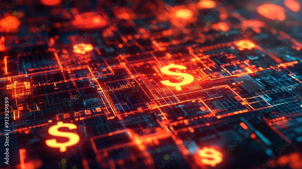 Aufkleber glowing 3d financial network with interconnected currency symbols and a futuristic design.