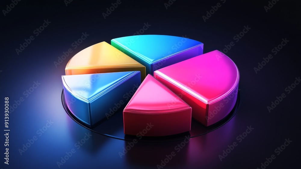 Poster glowing 3d financial pie chart with radiant segments in various vibrant colors.