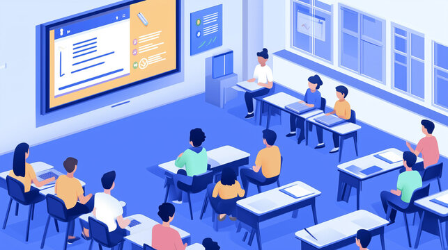 Illustrate a smart classroom with AI-assisted tutoring and real-time student performance tracking