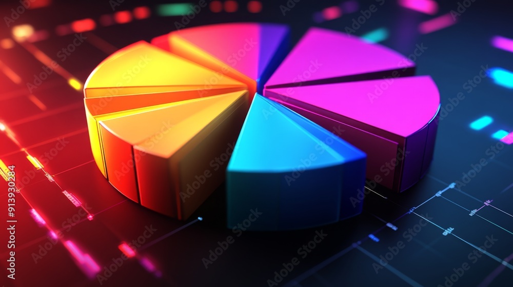 Aufkleber glowing 3d financial pie chart with radiant segments in various vibrant colors.