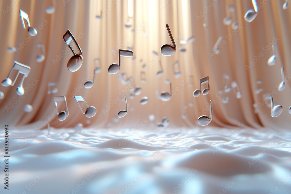 Poster whimsical scene of bright 3d musical notes floating in front of a simple curtain backdrop,