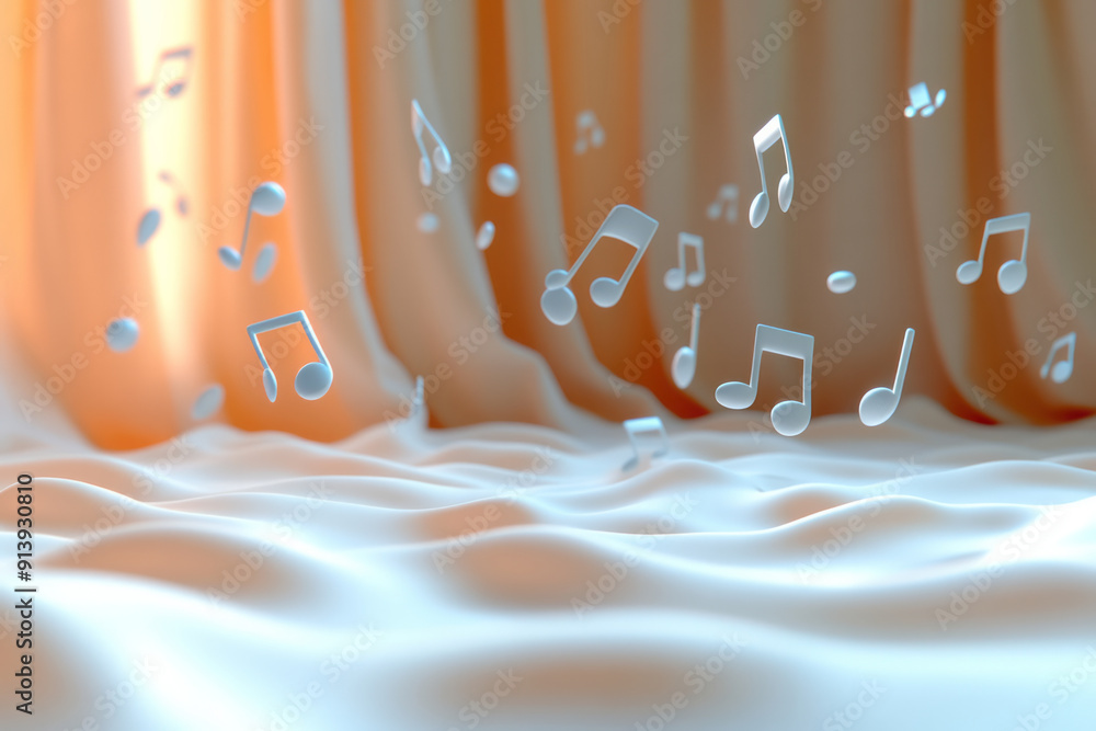 Fototapete Whimsical scene of bright 3D musical notes floating in front of a simple curtain backdrop,